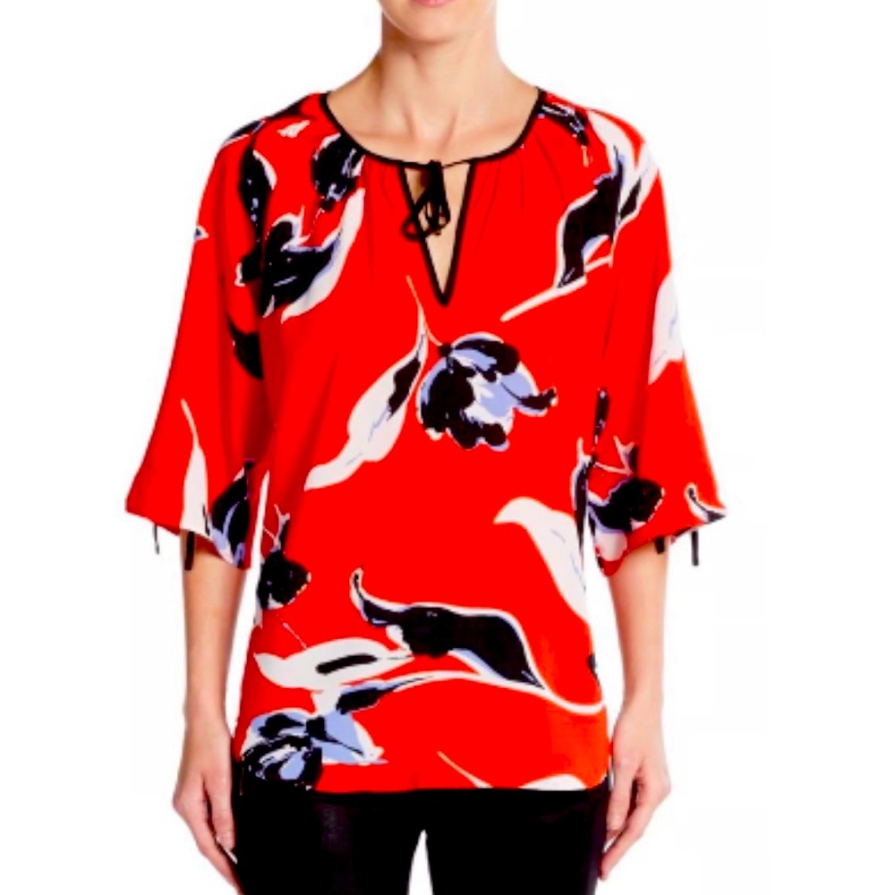 Yumi Kim Red Blouse With Blue and White Flowers. Size XS